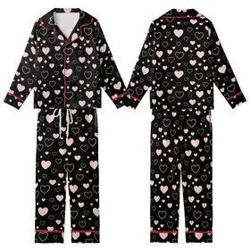 Love-Themed Scattered Light Pink Hearts Solid & Outline on Black Wearable Satin Short-Sleeve Pajamas Set