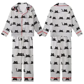 Cat Lover's Playful Peeking Black Cat Pattern - Heather Grey Tee Kid Satin Pajamas Set
