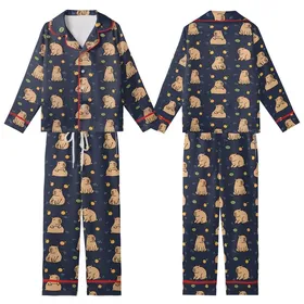 Capybara Lover: Playful Cartoon Capybara Towers & Floating Friends on Dark Navy with Fruits & Lily Pads Wearable Design Kid Satin Pajamas Set