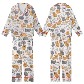 Cat Lover's Whimsical Kawaii Smiling Kittens & Red Hearts All-Over Motif Kid Satin Pajamas Set