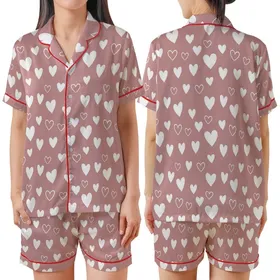 Whimsical Dreamer: Dusty Rose Scattered White Hearts Outline Design Satin Short-Sleeve Pajamas Set