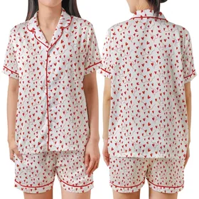 Romantic Hand-Sketched Red Hearts & Wispy Tendrils All-Over Wearable Satin Short-Sleeve Pajamas Set