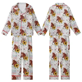 Just a Girl Who Loves Horses: Red Horse Head Floral Butterfly Pattern on Heather Grey Kid Satin Pajamas Set