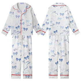 Whimsical Dreamer's Pastel Blue Scattered Bows, Checkerboard Accents & Ribbons Fashion Piece Kid Satin Pajamas Set