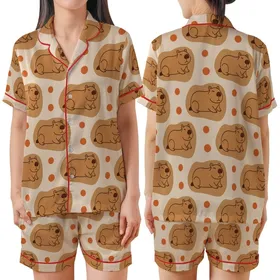 Capybara Lover's Cozy Pattern: Cute Capybara Heads & Orange Pom-Poms - Warm Beige Design Satin Short-Sleeve Pajamas Set
