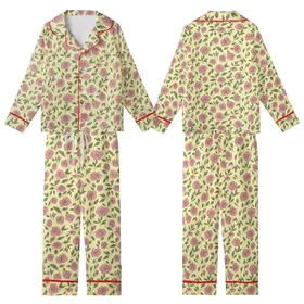 Cheery Rose Garden: Light Yellow Pink Floral Hand-Drawn Customizable Garment Kid Satin Pajamas Set