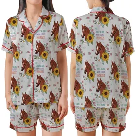 Just a Girl Who Loves Horses: Red Horse Head Floral Butterfly Pattern on Heather Grey Satin Short-Sleeve Pajamas Set