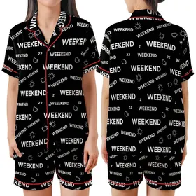 Weekend Lover: Scattered Typographic 'WEEKEND' Pattern with Leisure Icons - Black & White Motif Satin Short-Sleeve Pajamas Set