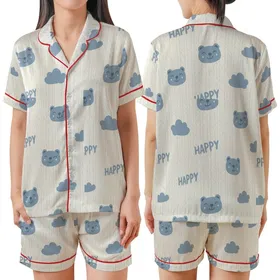 Cozy Comfort Seeker: Faux Cable Knit Bear Cloud HAPPY Design - Creamy Off-White & Muted Blue-Grey Piece Satin Short-Sleeve Pajamas Set