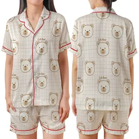 Cozy Bear Lover's Charming Hand-Drawn Brown & Pink Plaid Motif Satin Short-Sleeve Pajamas Set