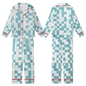 Modern Geometry Lover: Vibrant Teal White Rectangular Square Block Design Kid Satin Pajamas Set
