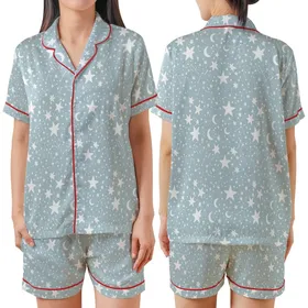 Stargazer's Minimalist White Stars & Moon Pattern - Blue-Grey Celestial Loungewear Satin Short-Sleeve Pajamas Set