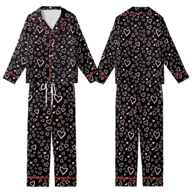 Women's Playful Pink Hearts Design: Imperfect Hand-Drawn Scattered Motif – Black Knit Top Kid Satin Pajamas Set