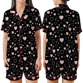 Love-Themed Scattered Light Pink Hearts Solid & Outline on Black Wearable Satin Short-Sleeve Pajamas Set