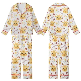 Gentle Baby Giraffe Sleep Set: Red-Brown Spot & Pink Flower Pattern with 'Sleep Early' Text Kid Satin Pajamas Set