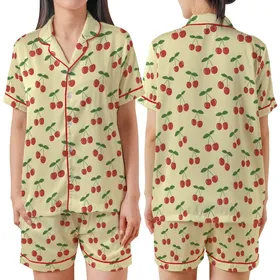 Women's Bright Red Cherry Clusters with Green Stems & Leaves – Whimsical Yellow Pattern – Comfort Loungewear Satin Short-Sleeve Pajamas Set