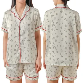 Minimalist Style Lover's Sparse Floral Leaf Pattern - Soft Taupe Wearable Art Satin Short-Sleeve Pajamas Set