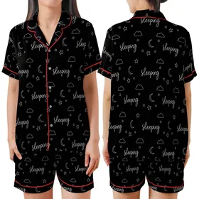 Sleep Lover's Celestial Script Zzz Moon Star Loungewear Design Satin Short-Sleeve Pajamas Set