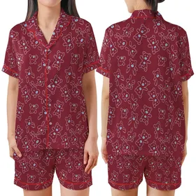 Teddy Bear Lover: Minimalist Outline X-Eyed Bear Repeating Design with Light Blue Nose on Deep Burgundy Wearable Art Piece Satin Short-Sleeve Pajamas Set