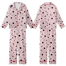 Women's Light Pink Black Polka Dot & Abstract Lace Motif Ensemble Kid Satin Pajamas Set