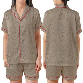 Sophisticated Minimalist Style Subtle Taupe Organic Lines Abstract Shapes All-Over Print Design Satin Short-Sleeve Pajamas Set