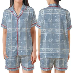 Celestial Dreamer's Stylized Closed Eye & Crescent Moon Design: Muted Dusty Blue Tartan Plaid Satin Short-Sleeve Pajamas Set