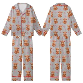 Baby Cow Lover's Reddish-Brown Highland Calf & Delicate Pink Butterfly Heather Grey Pattern Wearable Kid Satin Pajamas Set