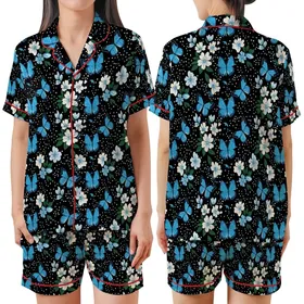 Nature Lover's Azure Indigo Butterfly White Blue Blossom Black Comfortwear Piece Satin Short-Sleeve Pajamas Set