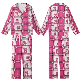 Playful Soul's Loungewear: Vibrant Pink Plaid, Cartoon Bears with Cream Snouts & Hearts Kid Satin Pajamas Set