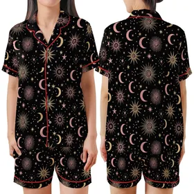 Stargazer's Golden & Rose Celestial Sun Moon Star Pattern - Deep Black Wearable Satin Short-Sleeve Pajamas Set