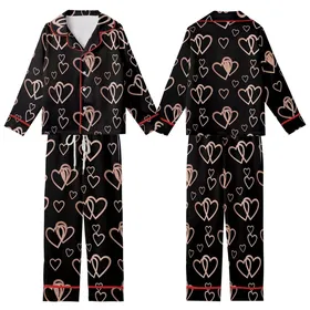Elegant Style: Overlapping Rose Gold Copper Heart Motifs Black Pattern Kid Satin Pajamas Set