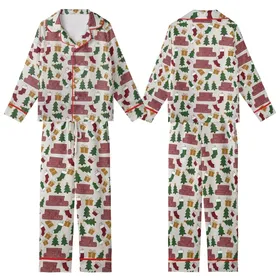 Festive Celebrator's Merry Christmas Text Tree Present Stocking All-Over Pattern Fabric Kid Satin Pajamas Set