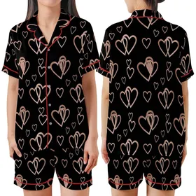 Elegant Style: Overlapping Rose Gold Copper Heart Motifs Black Pattern Satin Short-Sleeve Pajamas Set