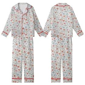 Delicate Floral Dream: Muted Terracotta Blue Pink Blossom & Vine Motif on Silver-Grey - Wearable Fabric Satin Short-Sleeve Pajamas Set