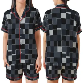 Contemporary Chic Interlocking Geometric Black Grey Abstract Pattern Designer Scarf Satin Short-Sleeve Pajamas Set