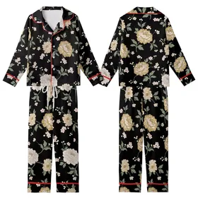 Elegant Floral Embellishment: Peony & Cherry Blossom Motif - Deep Black, Muted Gold & Sage Palette Kid Satin Pajamas Set