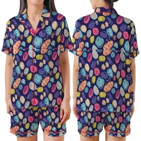 Whimsical Navy Abstract: Hand-Drawn Organic Splotches Pattern - Multi-Color Wearable Satin Short-Sleeve Pajamas Set