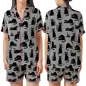 Cat Lover's Minimalist Black Cat Silhouettes Playful Poses Heather Grey Loungewear Satin Short-Sleeve Pajamas Set