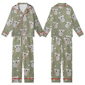 Koala Lover's Dream: Sleepy Grey Koalas & Eucalyptus Leaves on Muted Olive Green Comfort Item Kid Satin Pajamas Set