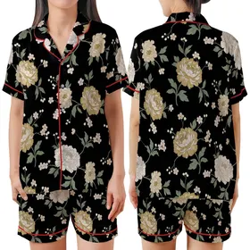 Elegant Floral Embellishment: Peony & Cherry Blossom Motif - Deep Black, Muted Gold & Sage Palette Satin Short-Sleeve Pajamas Set