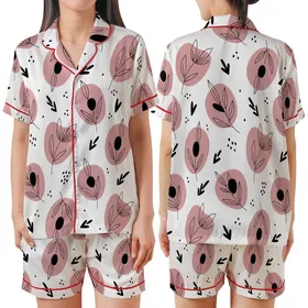 Women's Hand-Drawn Abstract Soft Pink Petal & Bold Black Botanical Outline Motif Satin Short-Sleeve Pajamas Set