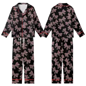 Chic Style Pink Plaid Bows Seamless Pattern on Black Customizable Item Satin Short-Sleeve Pajamas Set