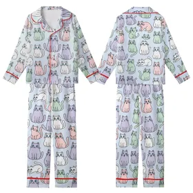 Cat Lover's Pastel Cartoon Cats: Winking Curious Kitten Print Design Satin Short-Sleeve Pajamas Set