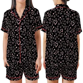 Women's Playful Pink Hearts Design: Imperfect Hand-Drawn Scattered Motif – Black Knit Top Satin Short-Sleeve Pajamas Set