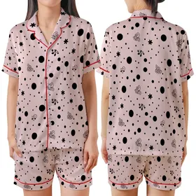Women's Light Pink Black Polka Dot & Abstract Lace Motif Ensemble Satin Short-Sleeve Pajamas Set