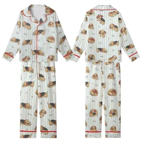 Dog Lover Dreamy Sleep Set: Sleepy Dachshund Beagle Pattern, Creamy Blue Stripes Kid Satin Pajamas Set