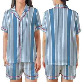 Modern Style Cornflower Blue Pinstripe & Wide Vertical Stripe Geometric Pattern Wearable Satin Short-Sleeve Pajamas Set