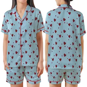 Minimalist Love Top: Pale Sky Blue Scattered Maroon Hearts Satin Short-Sleeve Pajamas Set