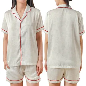 Serene East Asian Ruyi Cloud Fan Pattern: Off-White & Grey-Green Wearable Satin Short-Sleeve Pajamas Set
