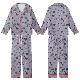 Love-Inspired Muted Lavender Hearts Pattern: Scattered Charcoal Outline Design Kid Satin Pajamas Set